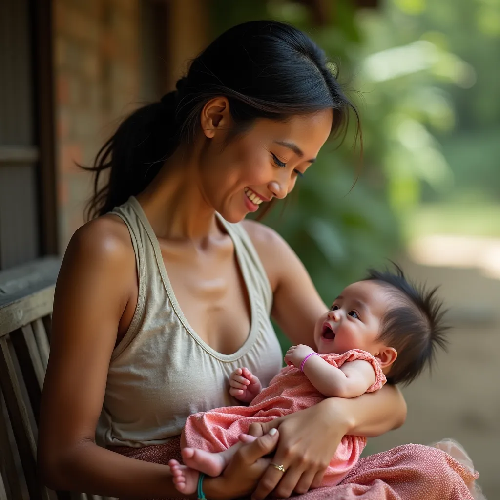 "Please create a detailed, realistic, and captivating image, like a high-quality photograph, of a 30-year-old Burmese mother. She has fair skin, a round face, beautiful eyes and eyebrows, and slightly wavy hair. She is gently cradling her two-month-old bab...