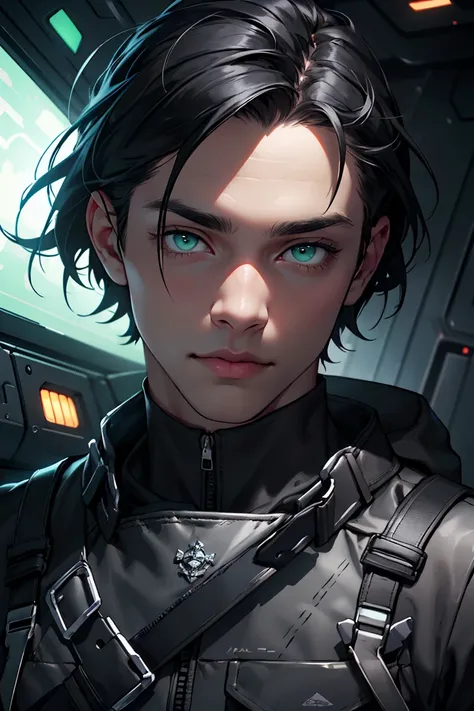 Male; Black Hair; Green Eyes; Emotionless Face; Sidecut hairstyle: short hair; on a Spaceship, Black military futuristic Uniform with silver buttons and chains; standing tall, leather gloves