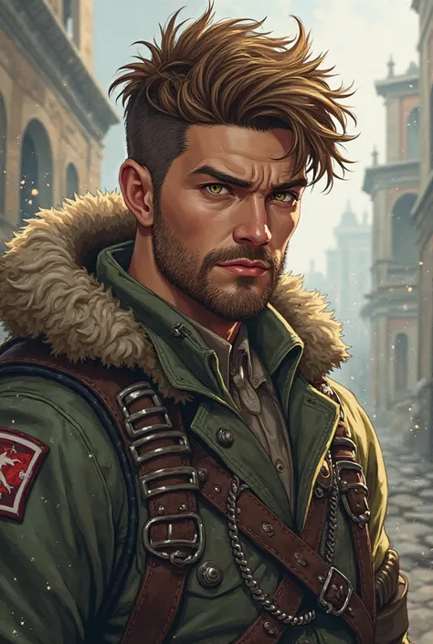 A young man with an athletic body, brown hair, a scruffy beard, light eyes, fair skin, with a serious look, wearing a soldier's outfit, anime style.