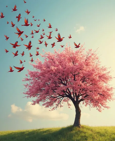 a flock of birds gracefully flying in formation from one tree to another. The initial tree is not that great but the destination tree full of vibrant blossoms labeled "WordPress". It's a sunny day and the light is soft