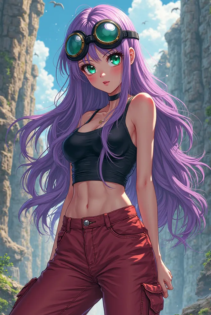 A girl with purple long wavy hairs with green eyes and black round goggles with hourglass figure and with black tank top with red baggy jeans in super dragon ball anime version standing with trunks 