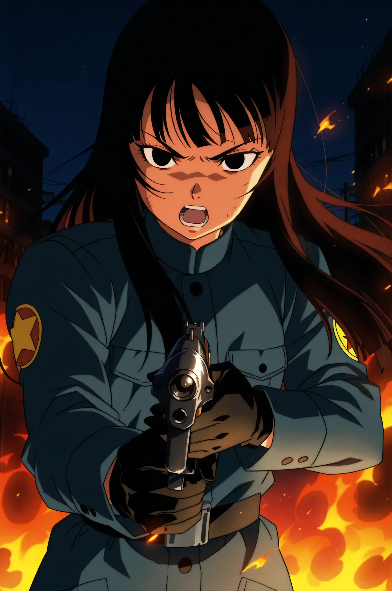 anime screencap, absurdres, High quality,  official style,
Agent Mai, long hair, black hair,  black eyes, serious, open your mouth, upper body, military uniform, black gloves, ((gun pointed at the spectator)),  Ruined City ,  night sky, Fire,  dappled moon...