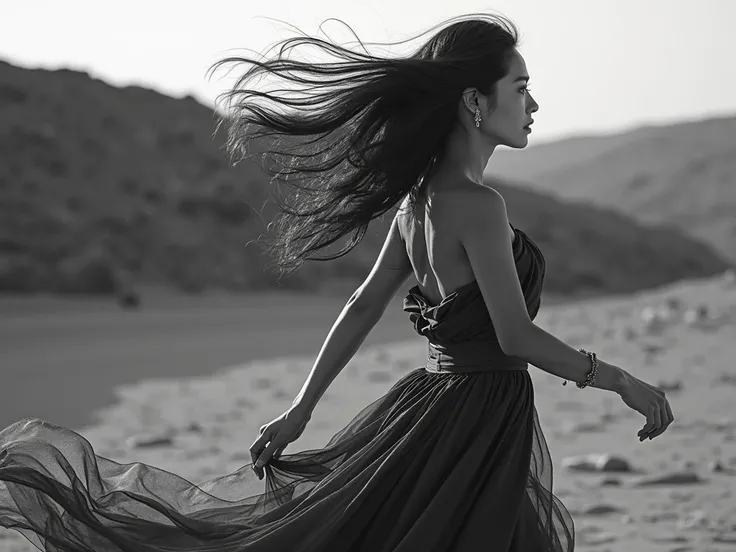 A black and white photo of a Korean woman in her 40s with her hair fluttering away from the rock while the dress shines brightly