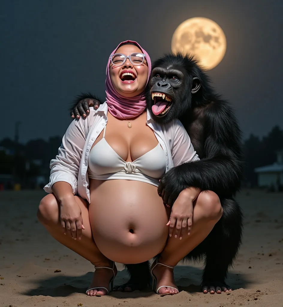 Asian beauty woman, voluptuous proportional body, full body image, age 30, white skin, wears pink plaid hijab, wear white transparan shirt, wear big glasses, naked body , wears high heels shoes, she has very huge engorged breast ,naked pussy, naked breast,...