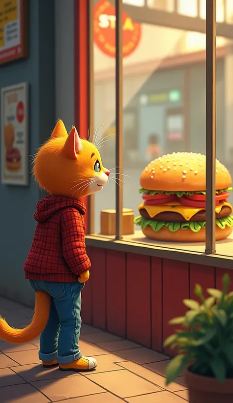 I mean the scene in the story where the cat finds that in the wallet does not have the money it can give the story an interesting flair. For example, it could sound: orange cat of blue fitters and red checkered shirt desire to look at a huge burger in the ...