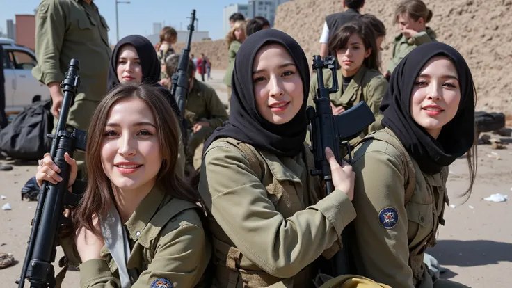 Portrait : , camera angle from the side,7 egyptian women, 20 years old, White skin,Big breasts , Wear an American military uniform, Wear a black cloth over your head ,Revealing a beautiful face,Everybody's carrying an M4 gun., sitting in a row,In the...