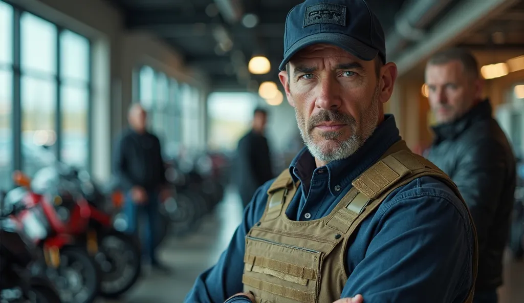 A hyper-realistic 4K cinematic image of a stressed, secretive businessman in his late 40s, positioned in the foreground left of the frame, wearing a navy blue baseball cap and beige tactical vest, stands inside a luxury motorcycle dealership. He faces the ...