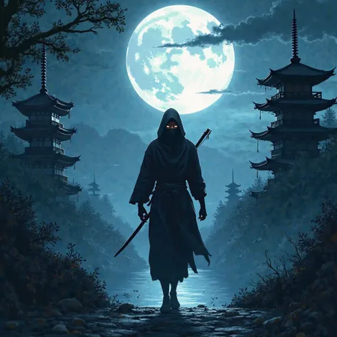 illustrations　The ninja in the moonlight