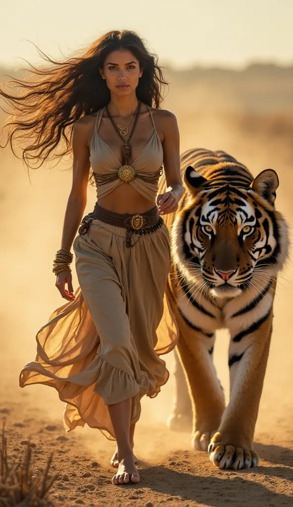 "A powerful and graceful woman steps forward with a confident gaze, her flowing dark hair catching the golden light. Beside her, a majestic tiger moves in perfect sync, its muscles rippling beneath its sleek fur as it strides forward with quiet strength. T...