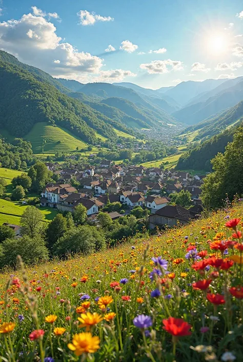 1. Image of the environment : A panoramic view of a small village surrounded by green hills and colorful flowers. The sky is bright blue, and the sun is shining, creating a happy and warm atmosphere.