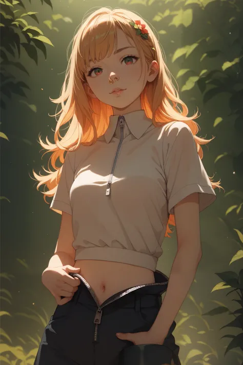 18-year-old Taiwanese girl ，  short golden hair  ，  Green Eyes ，   not wearing clothes ，with no other clothes inside ，  double cropped eyes on top of hat  ， Zipper Open  ， Revealed sores   ，  with cornice in right hand ，  red eyes and nose ，like I just cri...