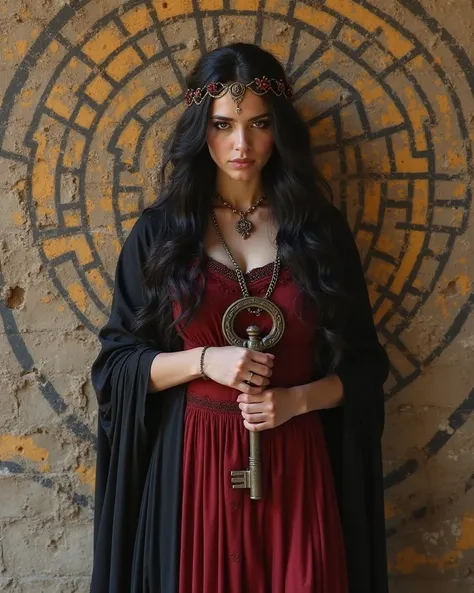 Goddess Hekate,  impressive, beautiful, clothing in shades of black and red, Greek style,  beautiful body, beautiful face Greek Italian, against a background of a wall , with a labyrinth graffiti, holding their old keys,