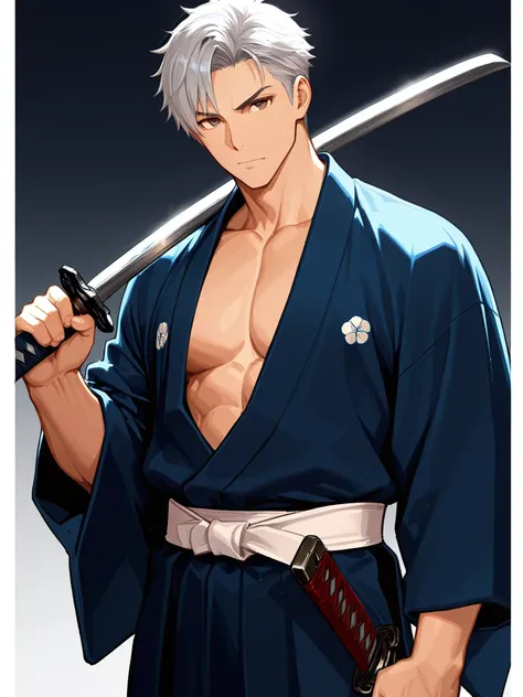 8k,masterpiece, best quality, ultra detailed, high resolution, super fine illustration, 1boy, solo, brown eyes, silver hair, short hair, muscular, Japanese clothes, kimono, holding Japanese sword, looking at viewer,