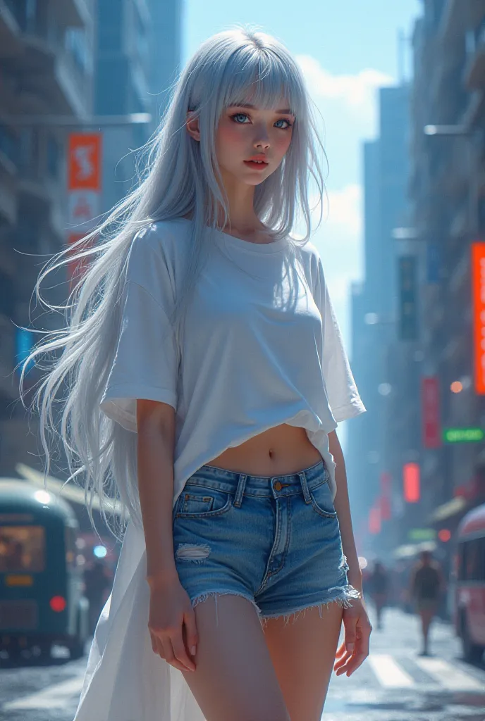 Beautiful girl with silver hair, long hair, blue eyes, belly button visible, long T-shirt and shorts, cityscape background