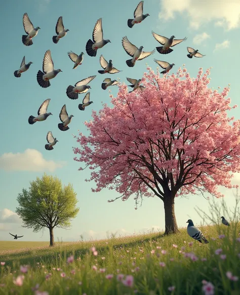 a flock of pigeons gracefully flying in formation from one tree to another. The first tree is small and not vibrant while the destination tree full of vibrant blossoms labeled "WordPress". It's a sunny day and the light is soft