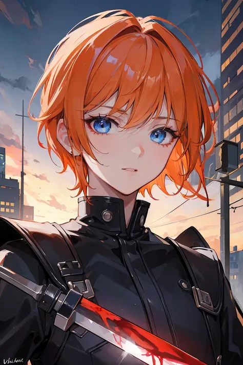 Young boy, orange short hair, blue eyes, handsome boy, cool boy, bad boy, slang, with knife, blood, black clothes, background city in night, devil smile face, villain, close up