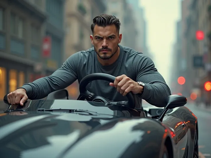 A man standing holding the steering wheel of a car