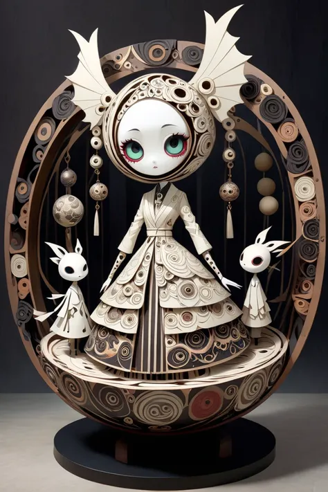 (masterpiece、Highest quality)、Super Detail、 HIGHEST DETAILS 、 Tim Burton Style、Girl with spherical joints and homunculus、layered sculpture 、body horror、Avant-garde、concept art、Mysterious and beautiful、Fantasy、 art deco 、Layered Cut Art、stylish、stylish、Shik...