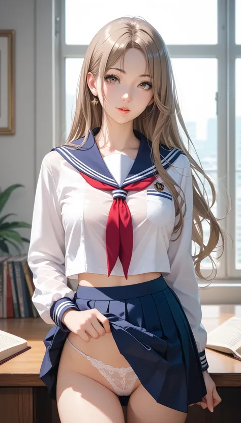 best quality, absurdres, わきDownを見せない, Down, no background, becomes transparent when you look at it {x}, PE, front view, cowboy shot, perfect and beautiful face, beautiful breasts,  Read more, slim, lightbrown long hair, parted bangs, school uniform, sailor...