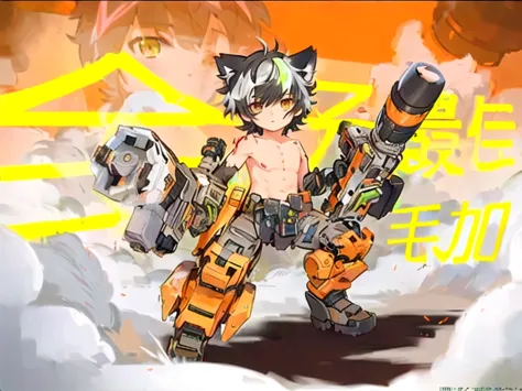 Cat Ear Boy， first clear weather after rain ，Bullets and rain ，big fluffy tail，Anime illustrations，Mecha Girl，boots，full body shot of a ten-year-old anime boy，Portable howitzer，Naked Boy，Cute cartoon，confidence，covered with wounds