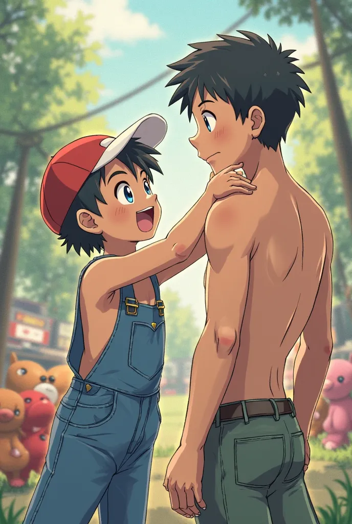 young boy can you help me remove my dirty old overalls? shirtless Pokemon style