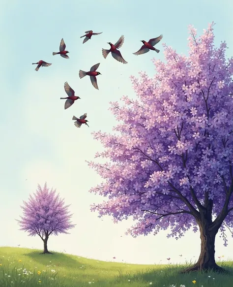 a flock of birds gracefully flying in formation from one tree to another. The first tree is small and not vibrant while the destination tree full of vibrant purple blossoms. It's a sunny day and the light is soft