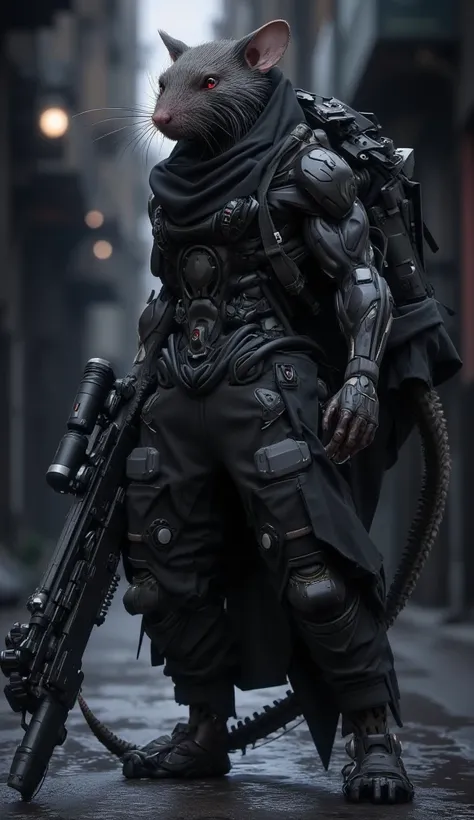 A lean, agile rat dressed in dark tactical gear with a high-tech sniper rifle slung across his back. His keen eyes are always scanning for potential threats.