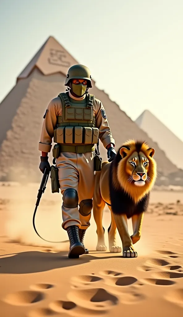 A Sudanese soldier with a full military helmet walks with a lion behind the pyramids in Sudan 