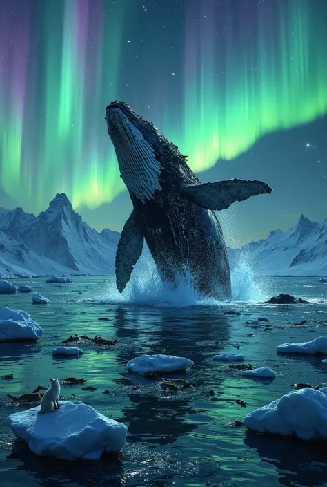 A majestic humpback whale breaches the surface of a shimmering, turquoise Arctic sea, its massive form silhouetted against the ethereal glow of the Northern Lights. Iridescent green and purple auroras dance across the night sky, casting an otherworldly lig...