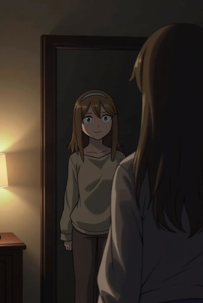 Rina stood in her bedroom, staring at the large mirror she had just bought.  She smiles , but her shadow remained still with a blank expression. The dimly lit light from the room lamp made the atmosphere feel strange.