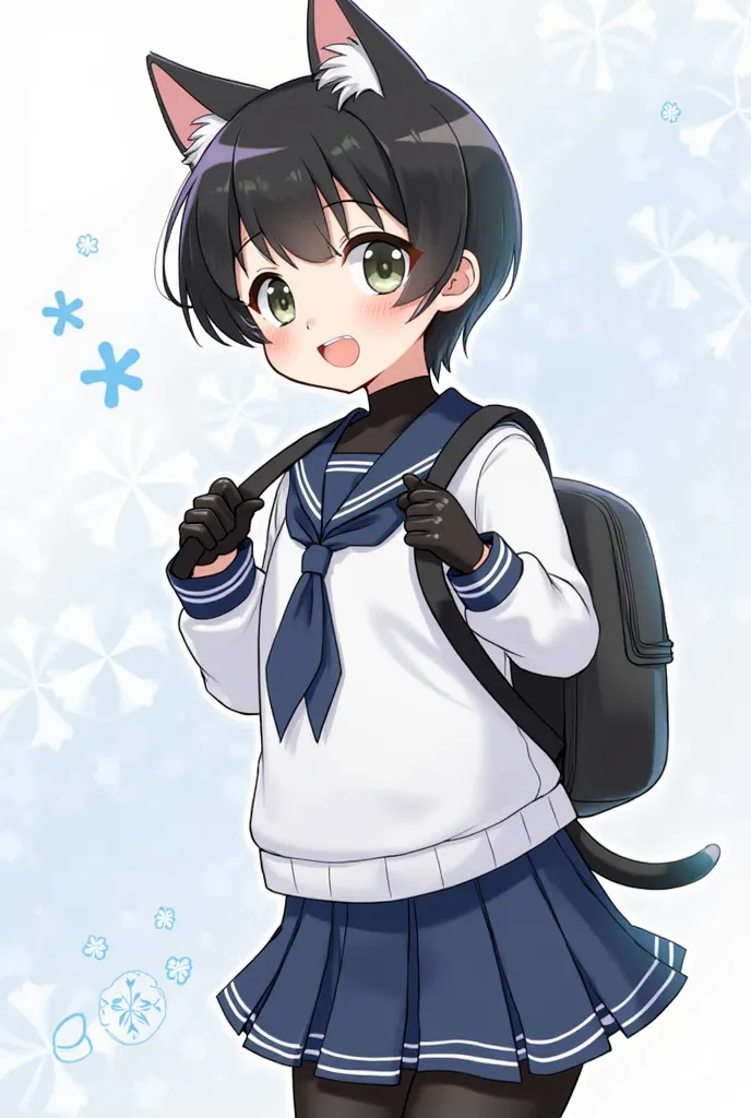   Early Boys  、     black hair  、   short hair、Cat ears、Tail、  Shiny Black Vinyl High Neck、 White Long Sleeve Sailor Suit 、 blue mini skirt 、 black tights、 shiny black gloves 、 Shiny Black Elementary School Backpack、3d