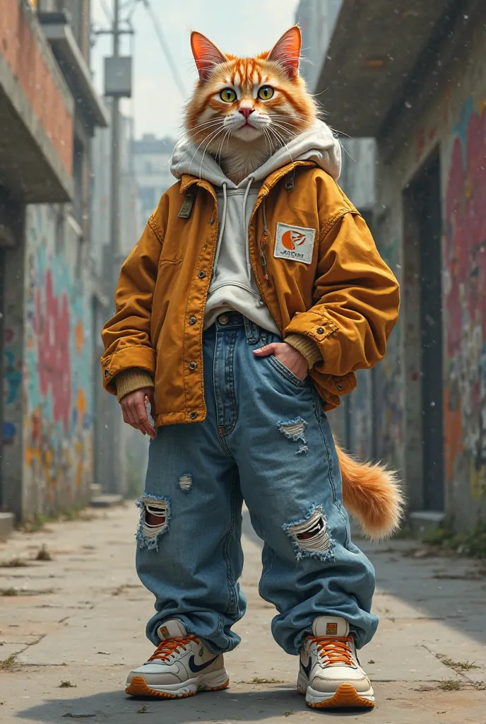 Create a image of cat wearing a baggy jeans that almost touch the floor, wearing a Carhartt Detroit,and a Nike tn air