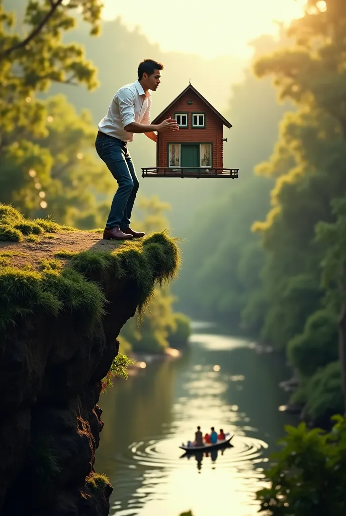 A surreal image of a 30-year-old Indonesian man wajah yang jelas wearing a white shirt and jeans, holding up a miniature house that is precariously balanced on the edge of a cliff. The scene is set in a lush, green environment with a river flowing below. A...