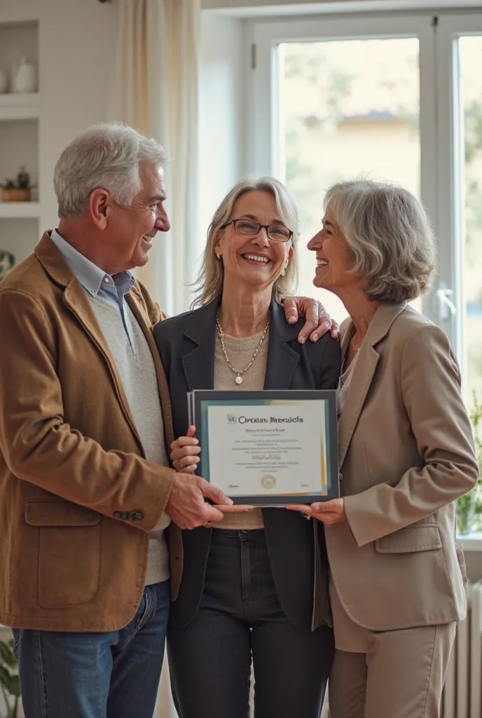 A happy elderly couple standing beside their successful daughter, looking at her with pride. The daughter, now a confident professional, is wearing formal attire and holding an award or certificate. The parents have warm smiles, and the father has his hand...