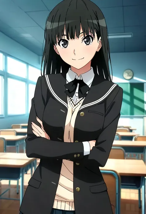 (anime screencap, masterpiece, best quality), Intricate details, indirect lighting, upper body, (Focus on the breasts), looking at viewer, sitting, full body, 1girl, medium breasts, black hair, long hair, black eyes, school uniform, smile, indoors