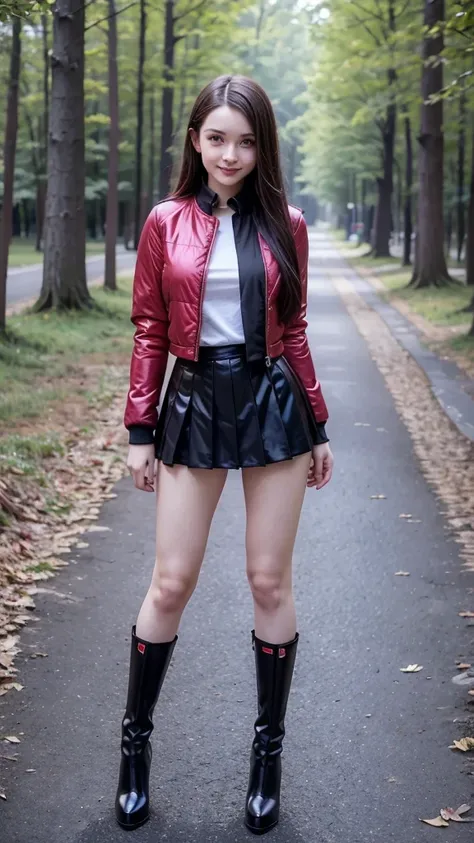 One British pre s, chav bimbo, long sleeves, pleated black silk mini skirt, (red shiny  puffer jacket), black stiletto high heels boots, black stockings, lots of make up, fitted  schoolgirl, posing for picture, seductive, 4k resolution, standing in forest,...