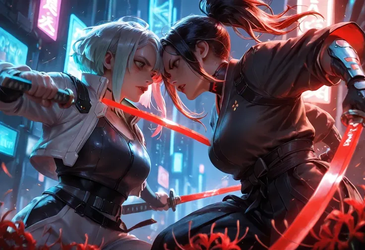 epic scene, clash, 1girl, cinematography anime, female samurai, red spider lily, cool images, detailed cyberpunk cityscape, samurai in urban setting, samurai with katana sword, cyberpunk neon lighting, dramatic action pose, realistic 8K, highly detailed, c...