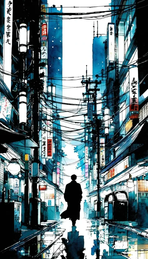 man, Japanese, 30-years-old, cityscape in Tokyo, noir, comic book-style, ink brush strokes, watercolor painting, high contrast, cinematic lighting,