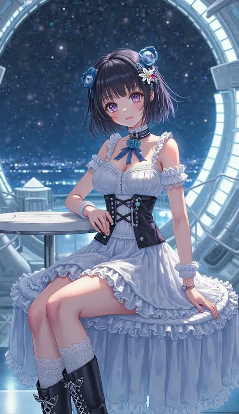 masterpiece, Highest quality, High Resolution, very detailed,(((pretty girl with dark hair))), (((Japanese anime))), (((short hair))), (((Lolita dress with frills and ribbons、hidden firearm motifs))), (((blue ribbon and small gun charm))), (((white lace kn...