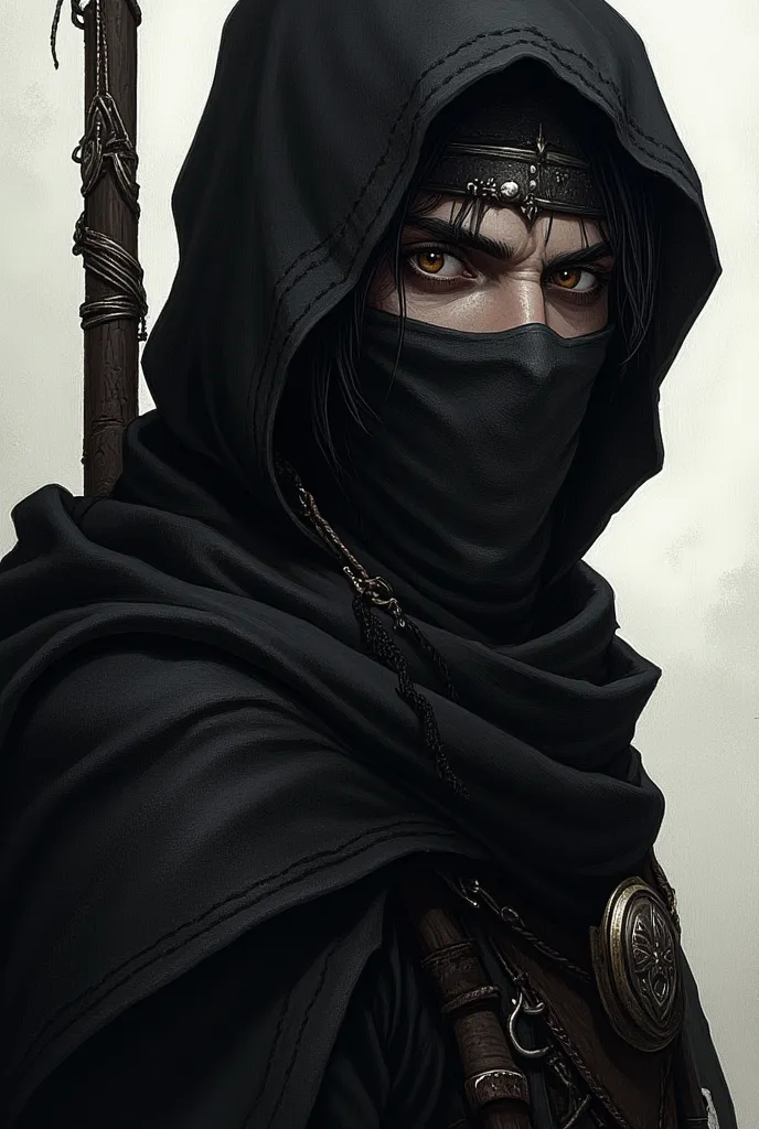 Man, black clothes, with spear, The face is half covered with a scarf, black hair, Brown eyes, detailed face,