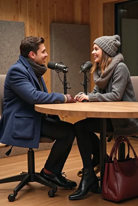 
"Two stylish individuals 1 male and 1 female sitting in a modern podcast studio, each wearing chic winter outfits featuring six wardrobe essentials: a blue-colored coat, chunky knit sweater, sleek thermal leggings, black knee-high leather boots, knit scar...