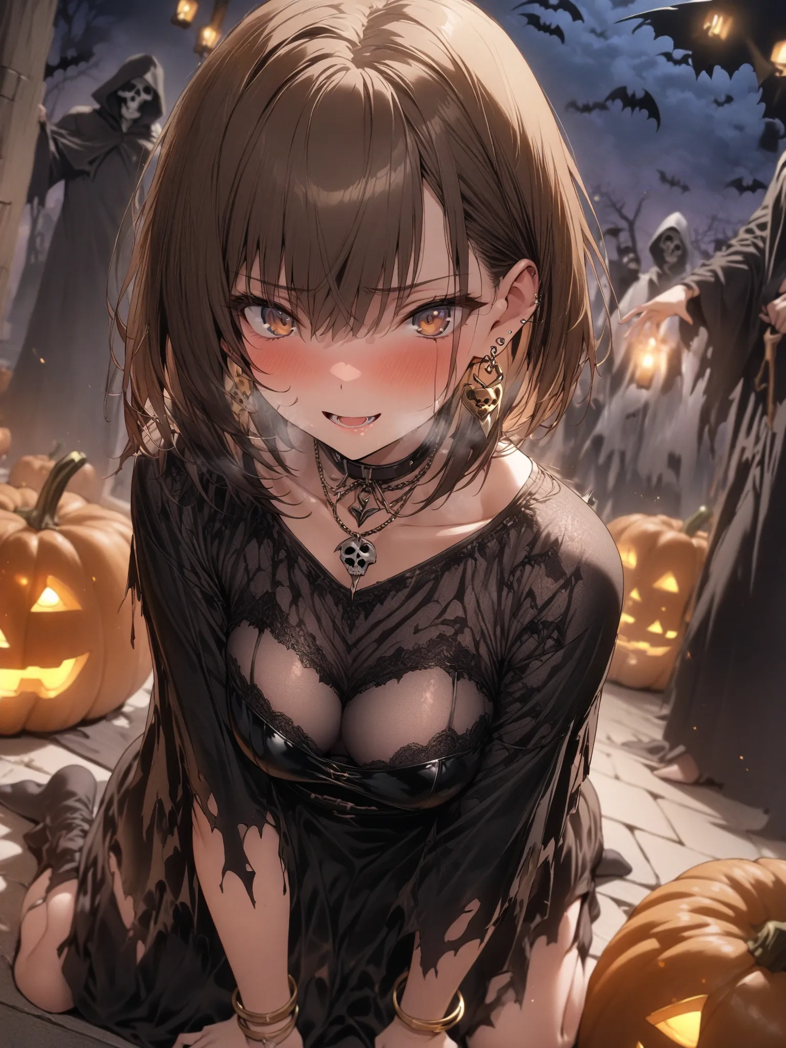 (masterpiece, detailed:1.2), One Girl, (18-years old), brown long Bob Cut, Medium Breasts, Sexy halloween, grim reaper costume, bracelet, earring, BREAK, Highest quality, BREAK, Random kneeling Poses, Random angle, Random focus, BREAK, motion lines, at nig...