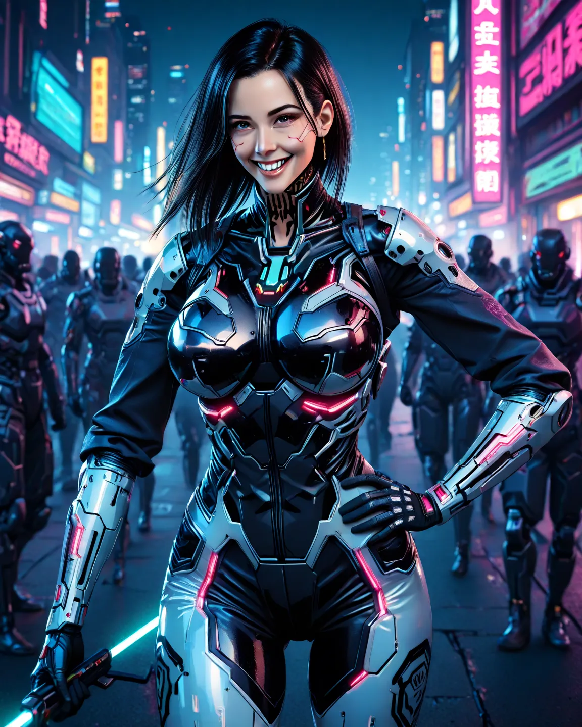 cyberpunk female with a bow in her hand, smiling, 1girl, weapon, holding, black hair, solo, very large breasts, armored bodysuit, hand on hip, neon lit city