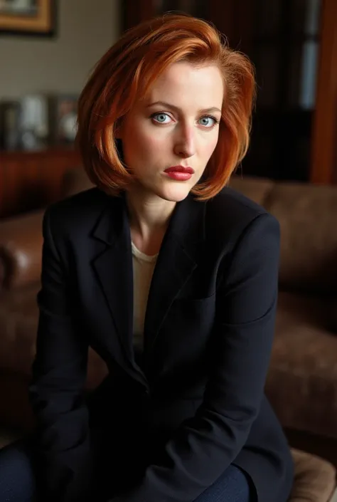 Realistic photos by Dana Scully ,naked tits; (  smiles), red hair,  Bob haircut , ( ),  female body,  perfect anatomy,   perfect fingertips ,  sitting on the sofa ,  living room,  photos show Dana Scully's natural beauty , 