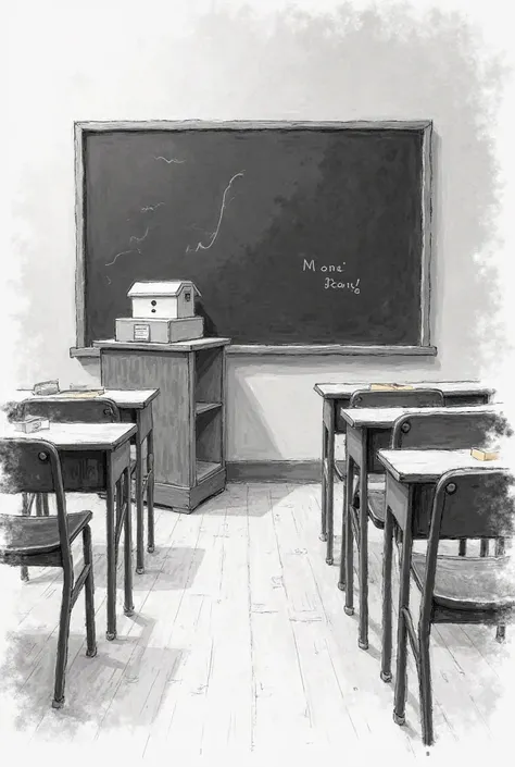 Make a sketch about a classroom with an blackboard and a ballot box beside it