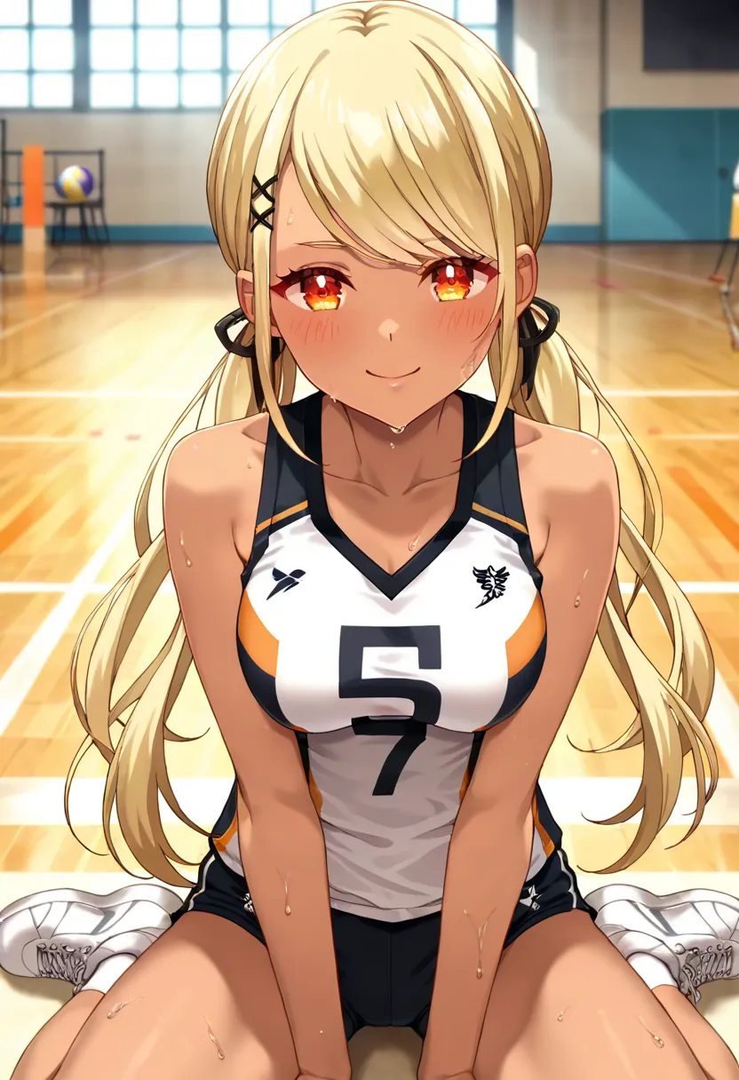 (anime screencap, masterpiece, best quality), Intricate details, indirect lighting, upper body, (Focus on the breasts), looking at viewer, sitting, full body, 1girl, medium breasts, (covered nipples:0.7), smile, sweat, Volleyball Uniforms, indoors, volleyb...