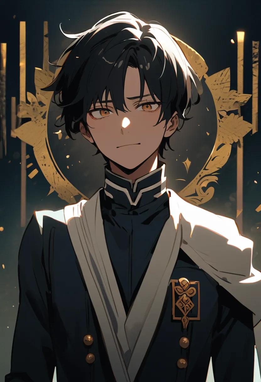 1 man, black hair, golden eyes, good looks, calm face, firm eyes, dressed in black Academia uniform.