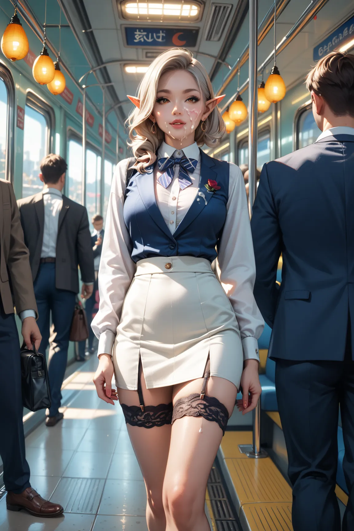 petite, dark elf woman, Hyperdetailed realistic airbrush painting of (most beautiful sexy Japanese woman walking in crowded subway:1.3), (cum on face), wearing business attire, long_brown_hair, leg_garter trending on artstation