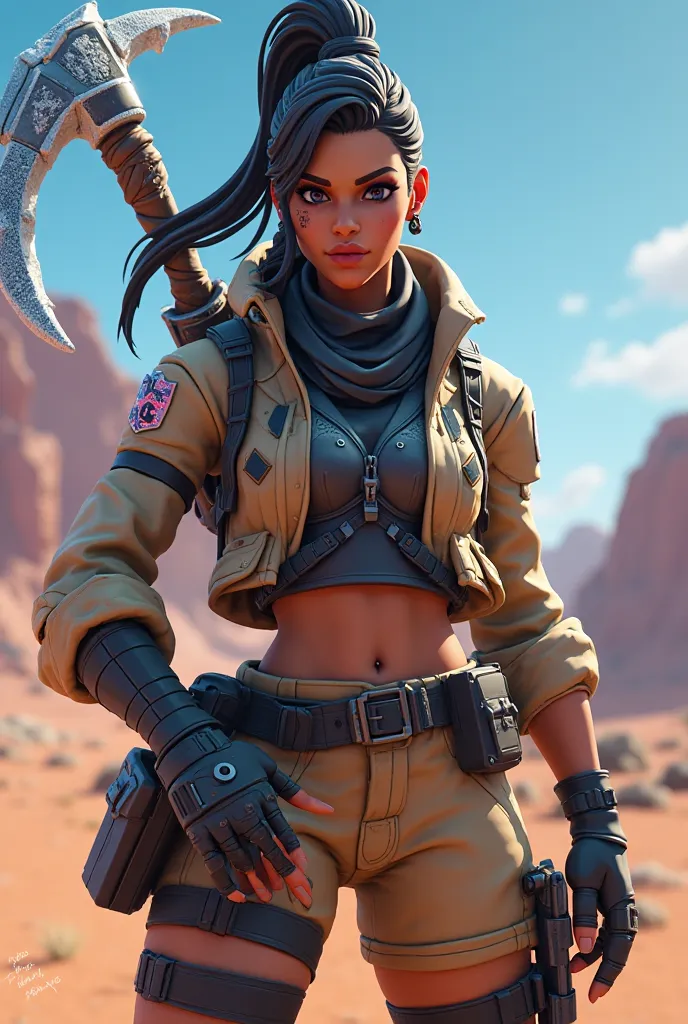 Make me a stylish profile picture from the Fortnite Desert Specialist skin and the Fortnite Frosted Branch Pickaxe too