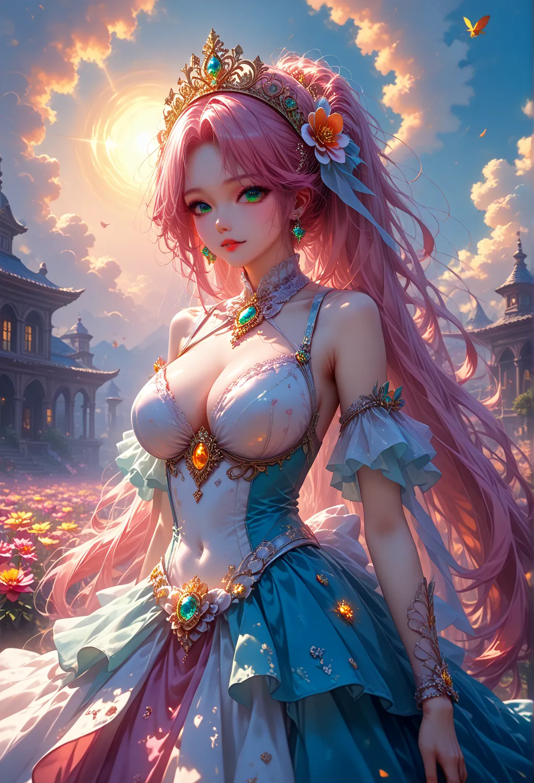 pfstyle, Anime Girl Alone, sexy, big breasts, Charming, Long Very Hair White Colors, Fashionable Outfit with beautiful design, Hair Shine in the Form of Golden Dust, very beautiful, Facing the Spectator, Leaned on the Wooden Gate, Background: Field of colo...